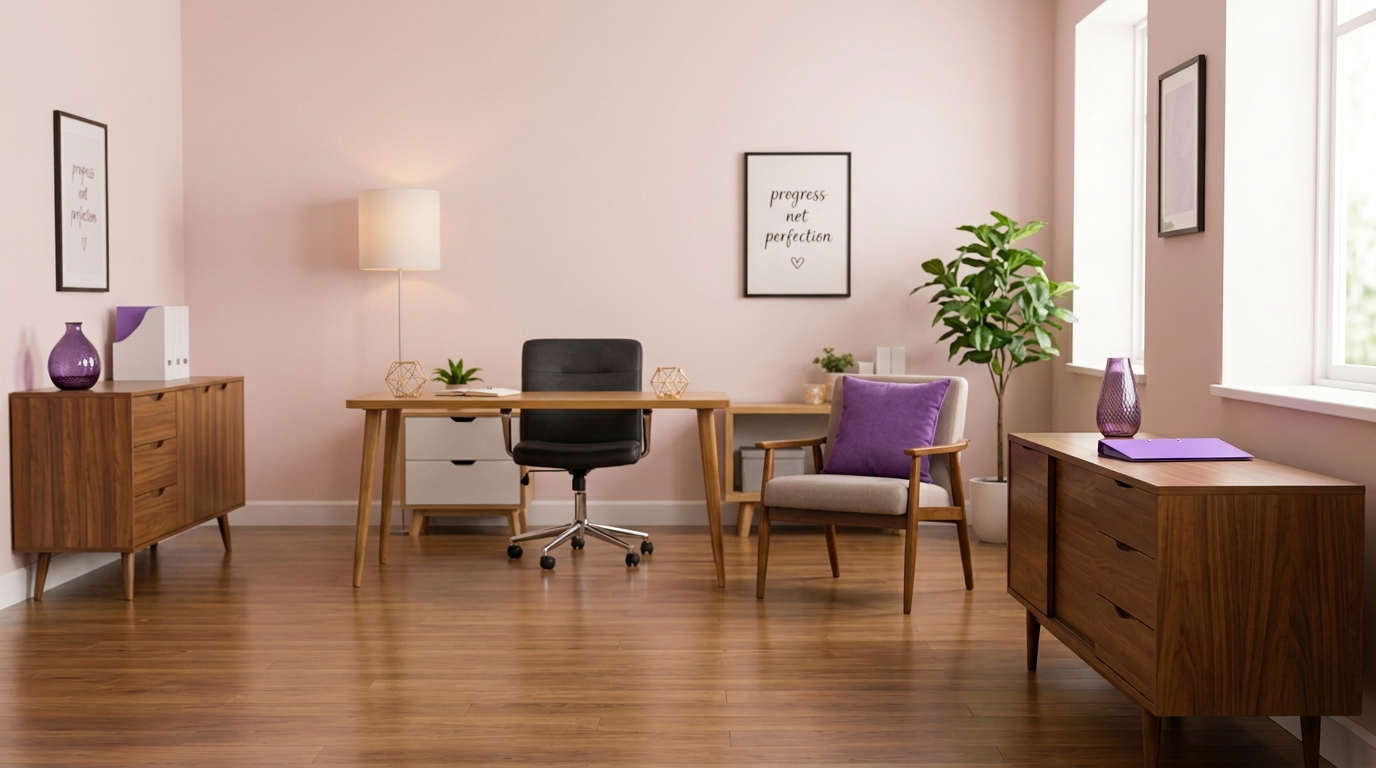 Dr. Mira's warm office with a purple folder on the cabinet