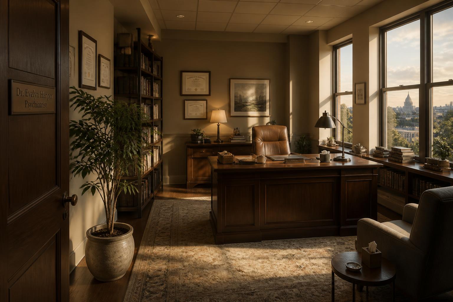 Dr. Mira's fifth-floor corner office: wooden desk, bookshelves, plant by the door, late afternoon light